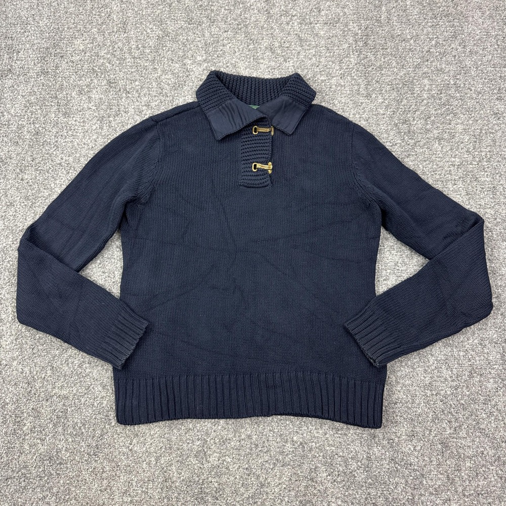Vintage Ralph Lauren Sweater Womens Small Navy Blue Toggle Cotton Collar Knit